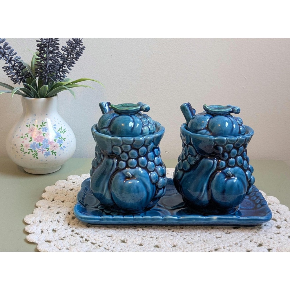 Vintage Blue Japanese Condiment Set With Tray,‎ Fruit Motif Ceramic Cruet Set